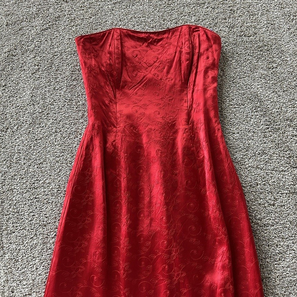 Vintage Dress Women 8 Red Strapless Sweetheart Jacquard A-Line Maxi Evening Gown